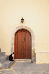 a cat waits in front of a wooden door in the Preveli Monastery on the island of Crete (Greece)