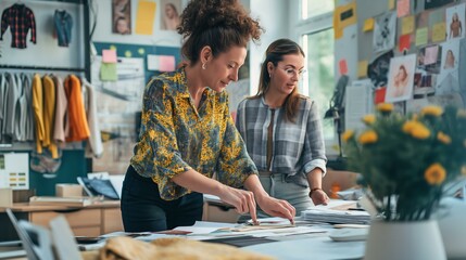 Two women are working together in a room with a lot of clothes hanging on the wall. They are looking at a piece of fabric and discussing it. Scene is collaborative and focused on the task at hand