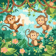 Jungle safari with playful monkeys swinging from vine to vine 