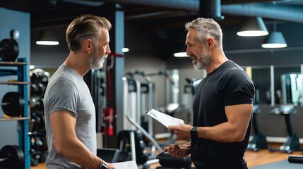 Two men are talking in a gym. One of them is holding a piece of paper. The gym has a lot of equipment, including a bench, a weight rack, and a few treadmills