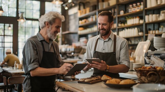 Two men in a restaurant, one of them is smiling and holding a tablet. They are talking to each other
