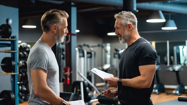 Two men are talking in a gym. One of them is holding a piece of paper. The gym has a lot of equipment, including a bench, a weight rack, and a few treadmills