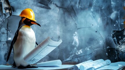 A penguin wearing a hard hat is standing on a pile of papers. Concept of humor and playfulness, as the penguin is dressed in a construction worker's outfit and he is working on a project - Powered by Adobe