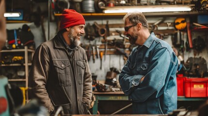 Obraz premium Two men are talking in a workshop. One of them is wearing a red hat. Scene is lighthearted and friendly
