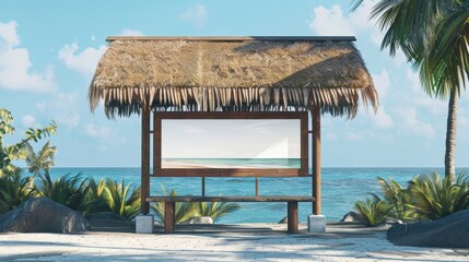 Blank mockup of a coastalthemed bus stop shelter with a thatched roof and ocean views. .