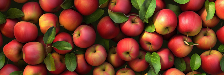 An array of ripe, red apples with vibrant green leaves captures the abundance and freshness of the...