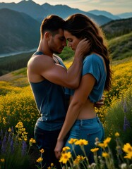 Beautiful couple embracing in a field of wildflowers