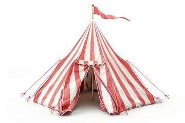 Children playing in a circus tent with red and white stripes and a flag on top