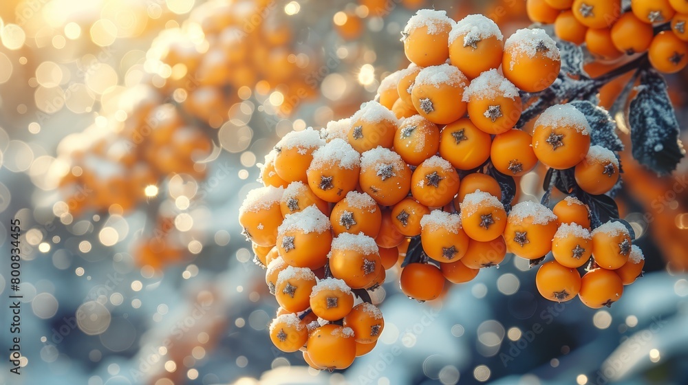 Aufkleber a tight shot of oranges berries clustered on a tree branch, snowcapped at the tip