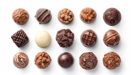 Chocolate pralines seen from above alone on white backdrop