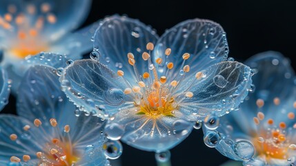   A tight shot of a blue bloom adorned with water beads, sporting a yellow heart encircled by smaller blue blossoms