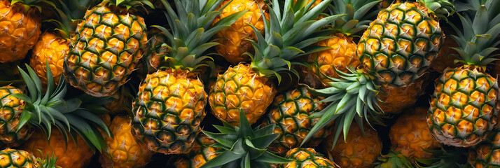 A full frame of pineapples presents a textural landscape of the tropical fruit's distinctive skin and crown