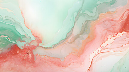Fototapeta premium Digital coral and mint green watercolor marble abstract graphic poster background