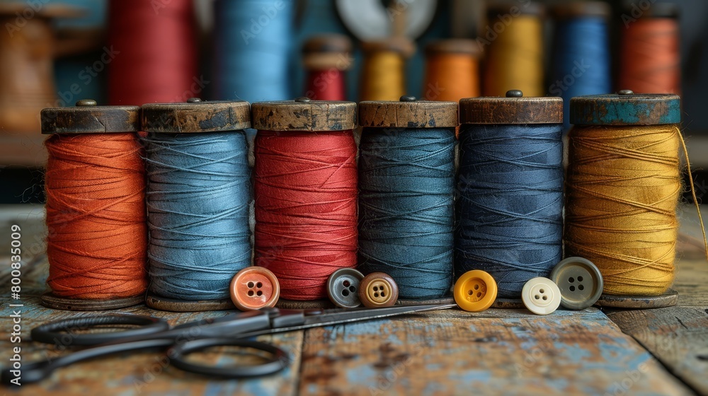 Poster a table holds a row of spools of thread and a pair of scissors