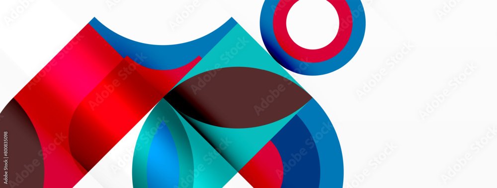 Poster a symmetrical pattern of red, blue, and brown circles with a white circle in the middle on a white b
