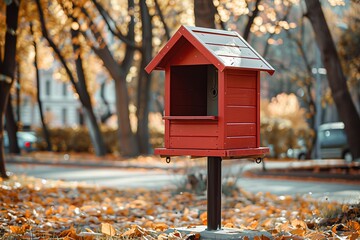 City park with red wooden bird feeder on metal stand sunny autumn day Text space available