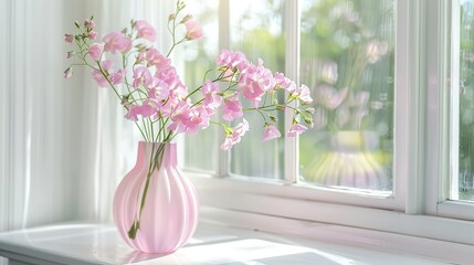 A window with a vase of flowers sitting on the ledge. The vase is pink and the flowers are white and pink. The window is white and has six panes.