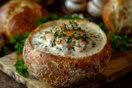 Clam chowder in bread bowl with parsley