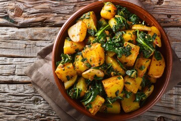 Classic Indian saag aloo side dish with fried potatoes and spinach in a bowl on a table top view