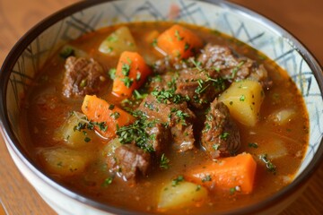 Classic Irish stew for St Patrick s Day with beef potatoes carrots and herbs