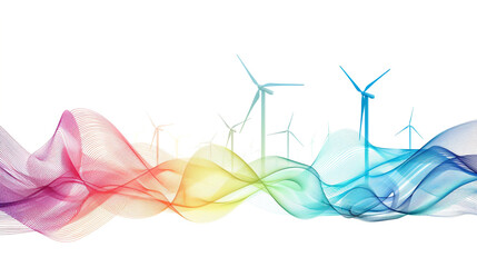 Visualize the future of sustainable energy systems and renewable power generation, including solar farms, wind turbines, and tidal energy converters, using vibrant gradient lines in a single wave 