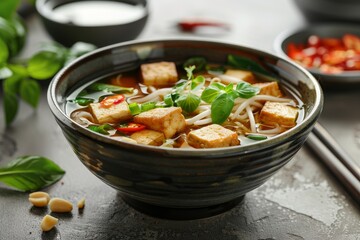 Clear image of Pho with tofu in bowl sharp focus