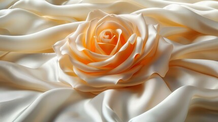   A white and orange rose in close-up, set against a pristine white satin backdrop Soft focus highlights the rose's center