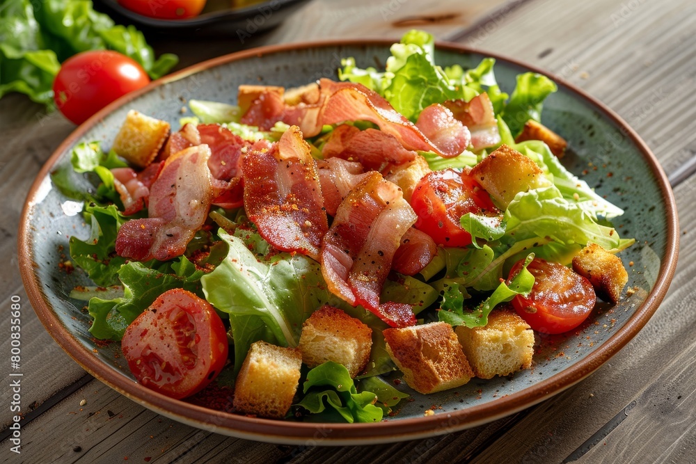 Poster Close up horizontal view of a plate with spicy bacon tomato croutons and lettuce salad on a table - Posters