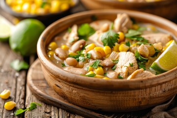 Close up horizontal photo of homemade white chicken chili with beans lime and corn on table