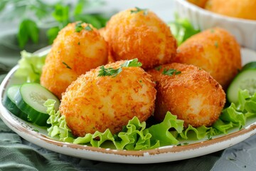 Close up horizontal plate of potato croquettes with lettuce and cucumber