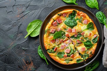 Close up horizontal view of a delicious frittata with spinach ham and cheese on a plate on the table
