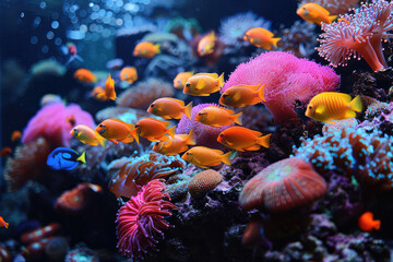 A vibrant coral reef teeming with colorful fish, illuminated by the sunlight filtering through water. Created with Ai