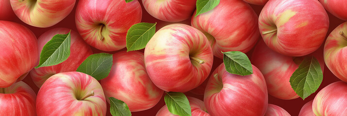 This close-up captures a group of red and yellow apples with fresh leaves, highlighting the fruits' colors and textures
