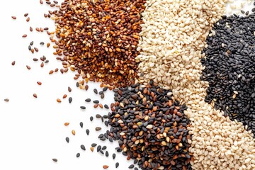 Close up macro shot of mixed sesame seeds on white background