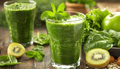 Fototapeta premium Close up of a green smoothie made with fruits and vegetables on a wooden table