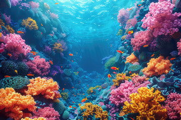 Fototapeta na wymiar A vibrant coral reef teeming with colorful fish, sunlight filtering through the water creating playful patterns on their bodie. Created with Ai