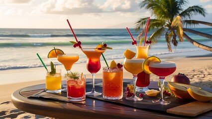 Colorful cocktails on a wooden table on the background of the sea