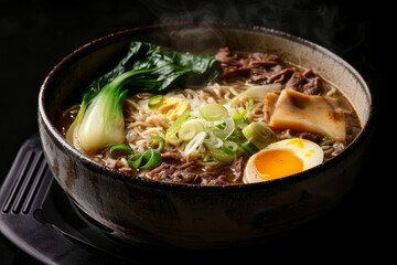 Close up of Asian noodle soup with beef egg and pak choi cabbage on dark background