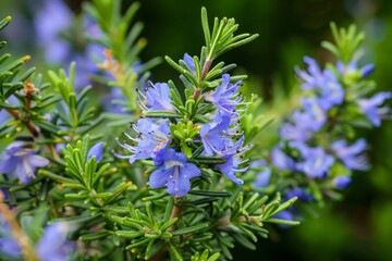 Close up of blooming Rosemary Bush in garden Rosmarinus officinalis variety Severn Sea
