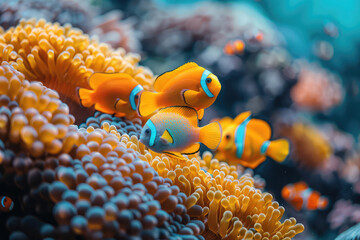  Beautiful orange clown fish swimming in an aquarium with colorful corals. Created with Ai
