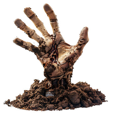 Zombie hand coming out of soil on isolated transparent background