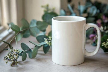 White Blank Mug Mockup in Photographic Scene created with Generative AI