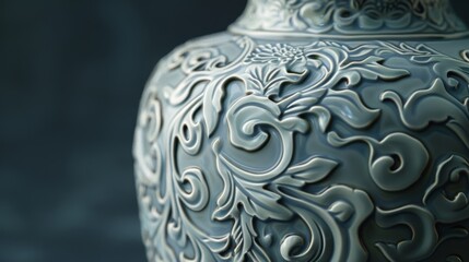 A closeup of a ceramic vase reveals the detailed carvings of swirling vines and leaves..