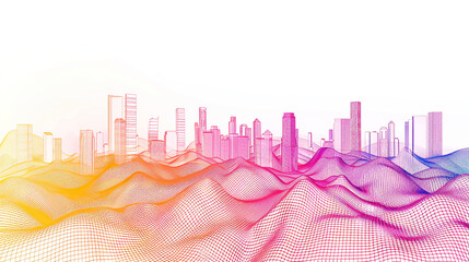 Visualize the fusion of tech and sustainability in urban planning with vibrant gradient lines in a single wave style isolated on solid white background