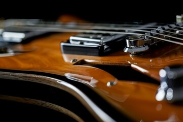 Fototapeta premium Close up of left horn of electric guitar body with strap button on black background
