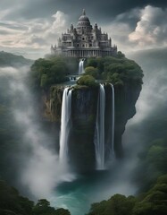 Floating fantasy island surrounded by trees and waterfalls