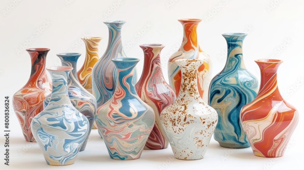 Poster a series of ceramic vases with vibrant swirls and speckles mimicking the intricate patterns found in