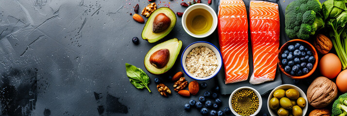 close up of healthy food for weight loss, paleo diet concept with fresh fish, nuts and vegetables on dark background, generative AI