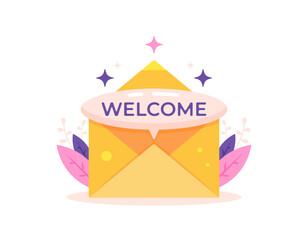 welcoming concept. Welcome email to new members and subscribers. illustration of an envelope containing a letter that says welcome. greeting card. illustration concept design. graphic elements