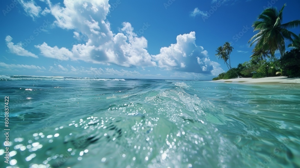 Poster the view from the water shows a sandy beach lined with tall palm trees. the gentle waves of the ocea